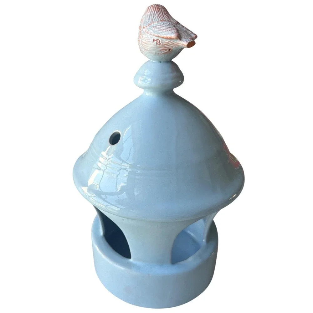 Marjolein Bastin Hallmark License Ceramic Bird Feeder Blue Glaze MB Mark Signed